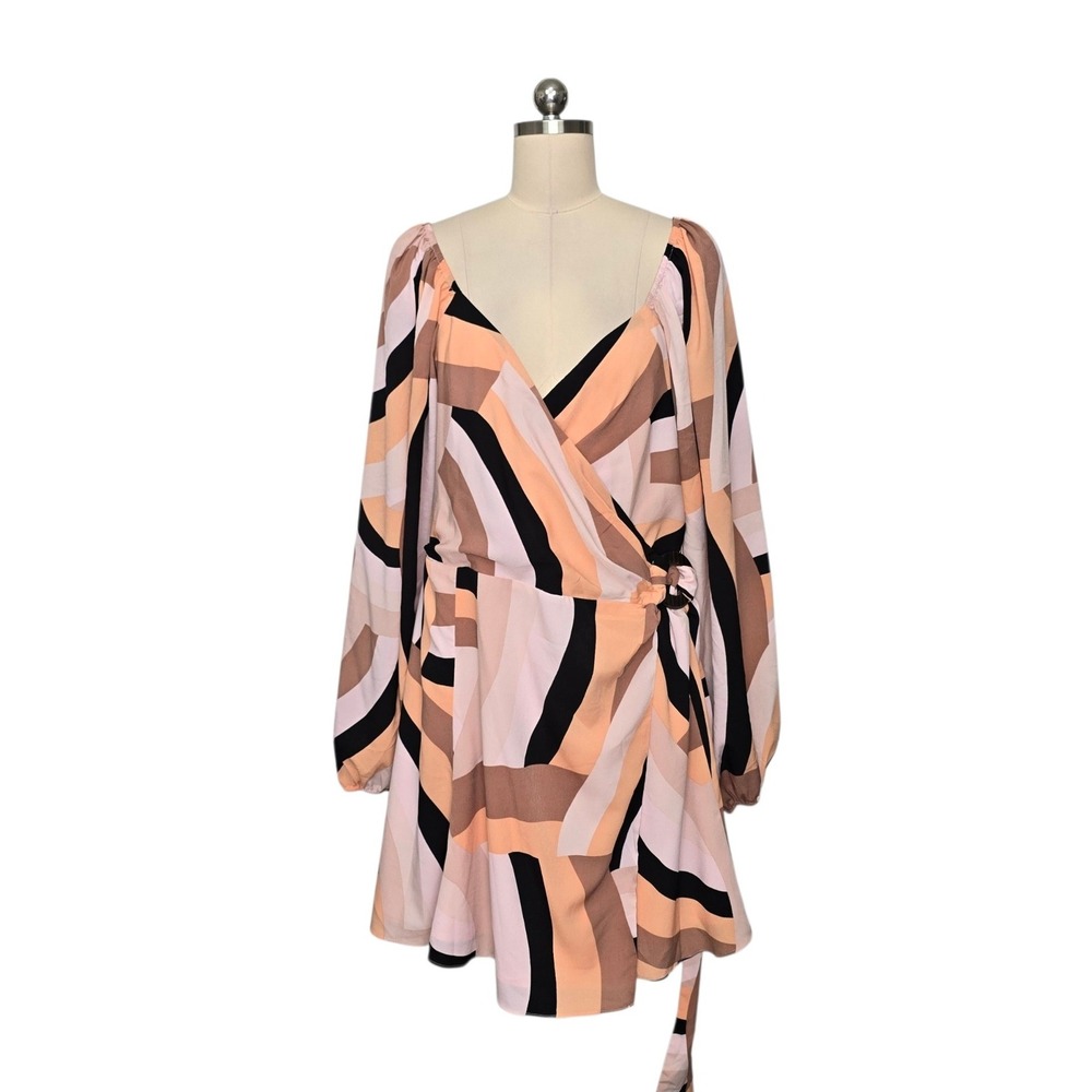 Hutch Abstract Geometric Wrap Mini Dress Pink Peach XL Long Balloon‎ Sleeve Ring